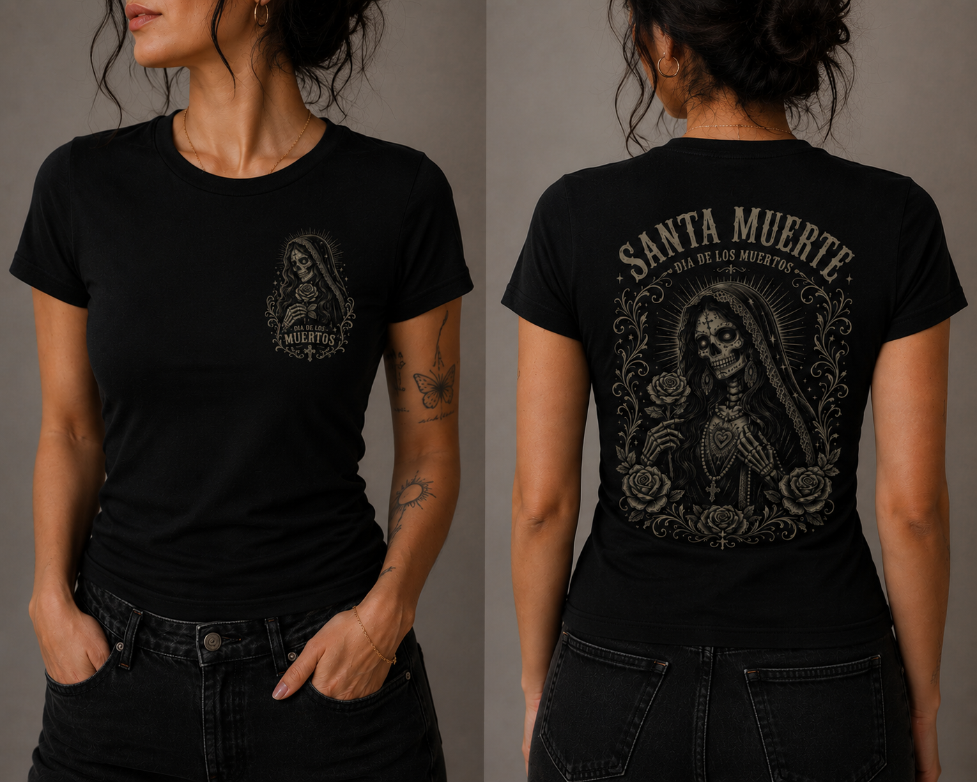 Black t-shirt with 'Santa Muerte' design on front and back worn by a person.